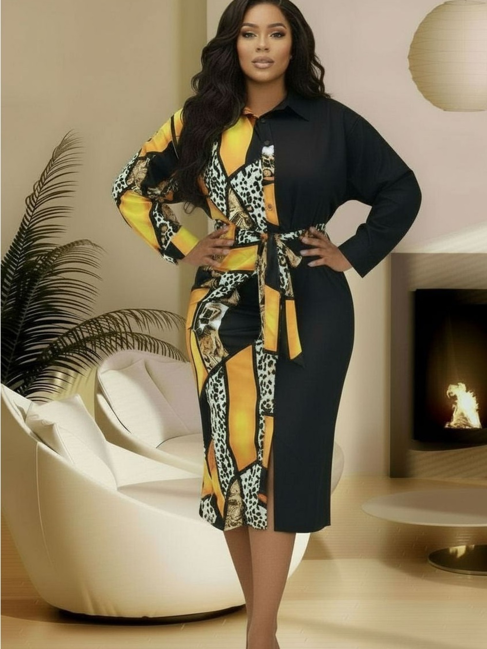 Elegant Black and Yellow Printed Shirt Dress